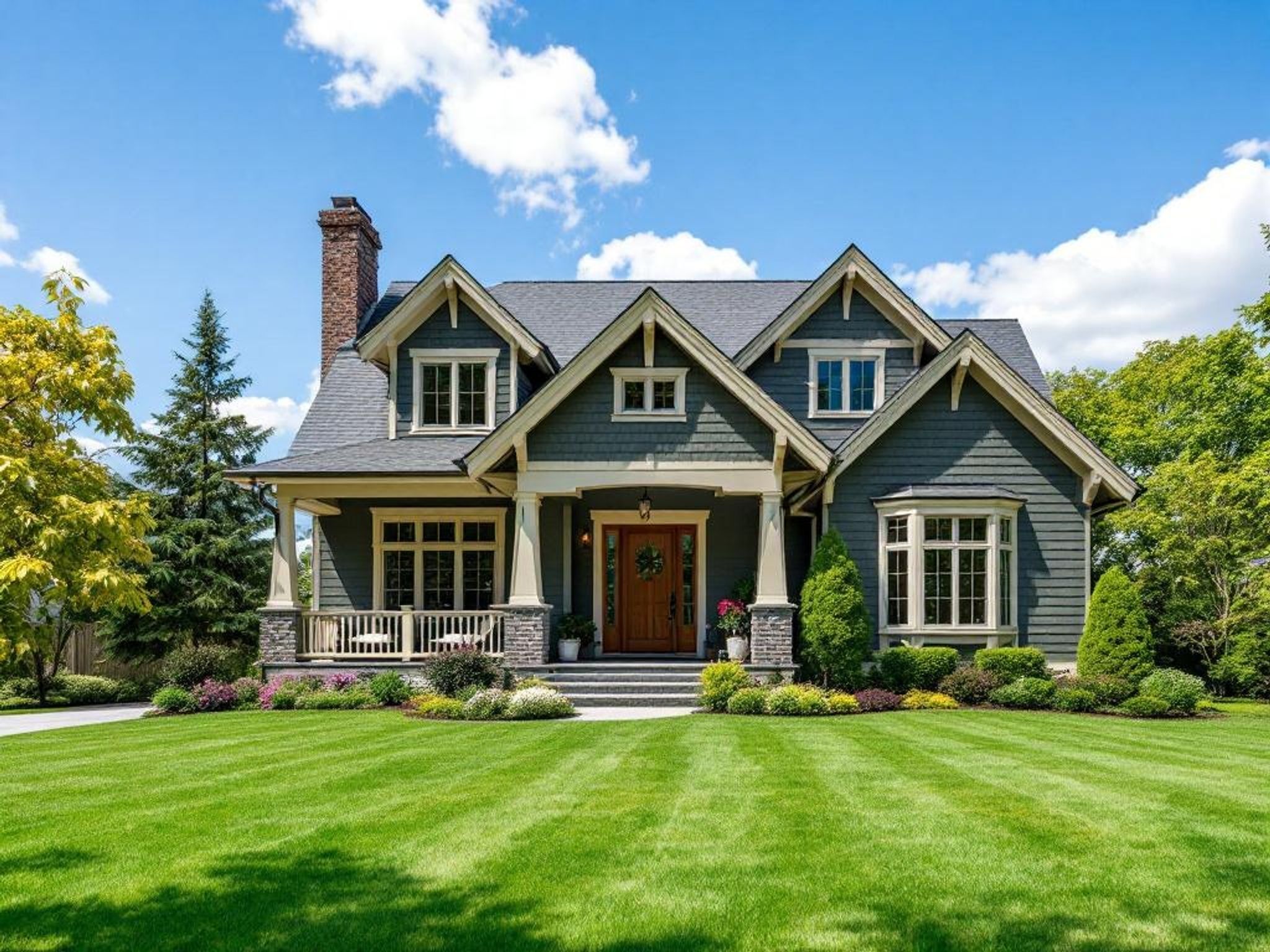 beautiful-craftsman-home-exterior-manicured-lawn-blue-sky